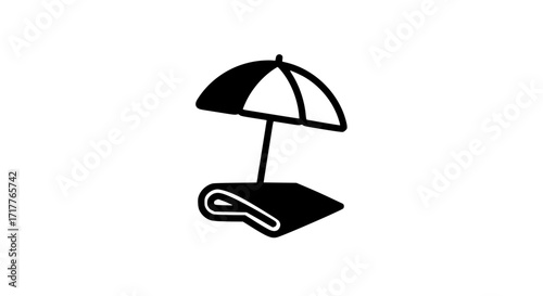 Beach umbrella with blanket black white icon