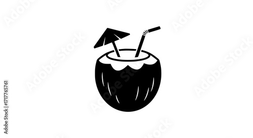 Coconut milk with straw black white icon