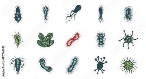Diverse collection of illustrated bacteria viruses and microorganisms.