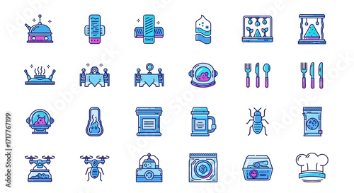 Diverse collection of colorful line art icons representing various objects and concepts.