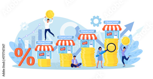 Franchise marketing system. People Start Franchise Small Enterprise, Company with Corporate Headquarter. Shops on Stacks of Money. Businessmen Increase Revenue, Profit with Franchising Business
