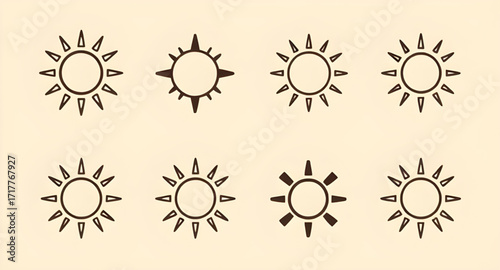 sun icons pack vector, group of sun symbols, solar icons design set, circular sun icons vector, round sun shapes pack, abstract solar emblem set, bold graphic sun icons, clean design sun icons, minima