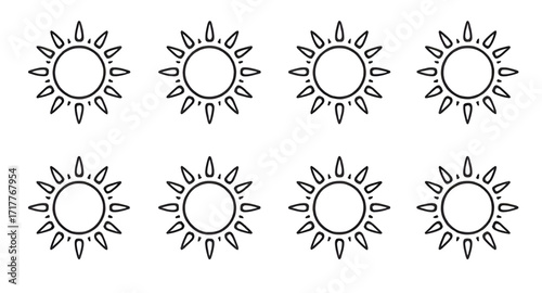 set of vector sun icons, sun icon set vector, bundle of sun icons, sunshine icons vector pack, solar symbol collection, radiant sun icons set, sun outline icon vector, sun silhouette icons, minimal su
