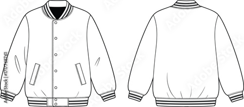 Blank varsity bomber jacket front and back view, baseball coat template, casual outerwear fashion mockup, unisex sportswear clothing, garment illustration design