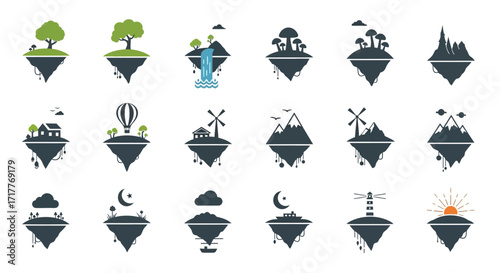 Floating island landscape icons set with various natural and manmade elements.