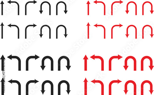 go straight, u turn left and right, this way, one way only arrow direction sign. traffic direction symbol. Directional arrow road safety 