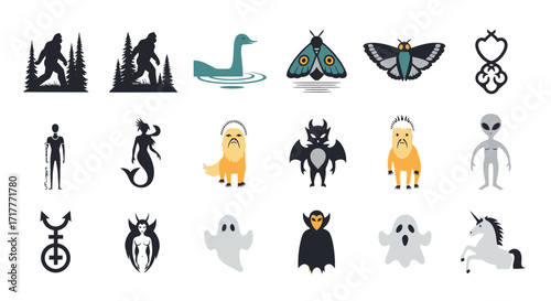Mythical Creatures and Cryptids Icon Set Collection.