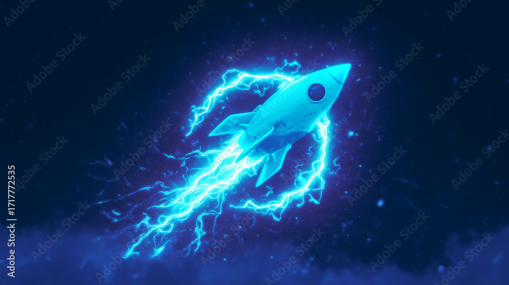 Fototapeta premium glowing neon rocket with electric energy trail on dark background, futuristic space illustration for sci-fi design, technology, and startup concepts