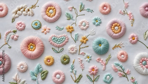 Pastel Embroidered Flowers and Leaves Scattered on White Background with Heart Accents