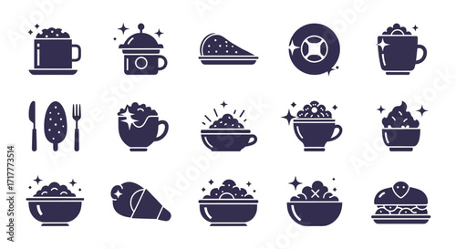Stylized food and drink icons set with various kitchen items.