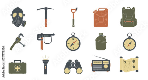 Survival Camping and Hiking Equipment Icon Set.