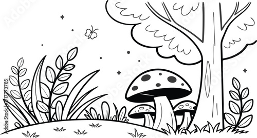 Enchanting forest scene with toadstools and butterfly, perfect for coloring books or playful designs, evoking childhood wonder and creativity