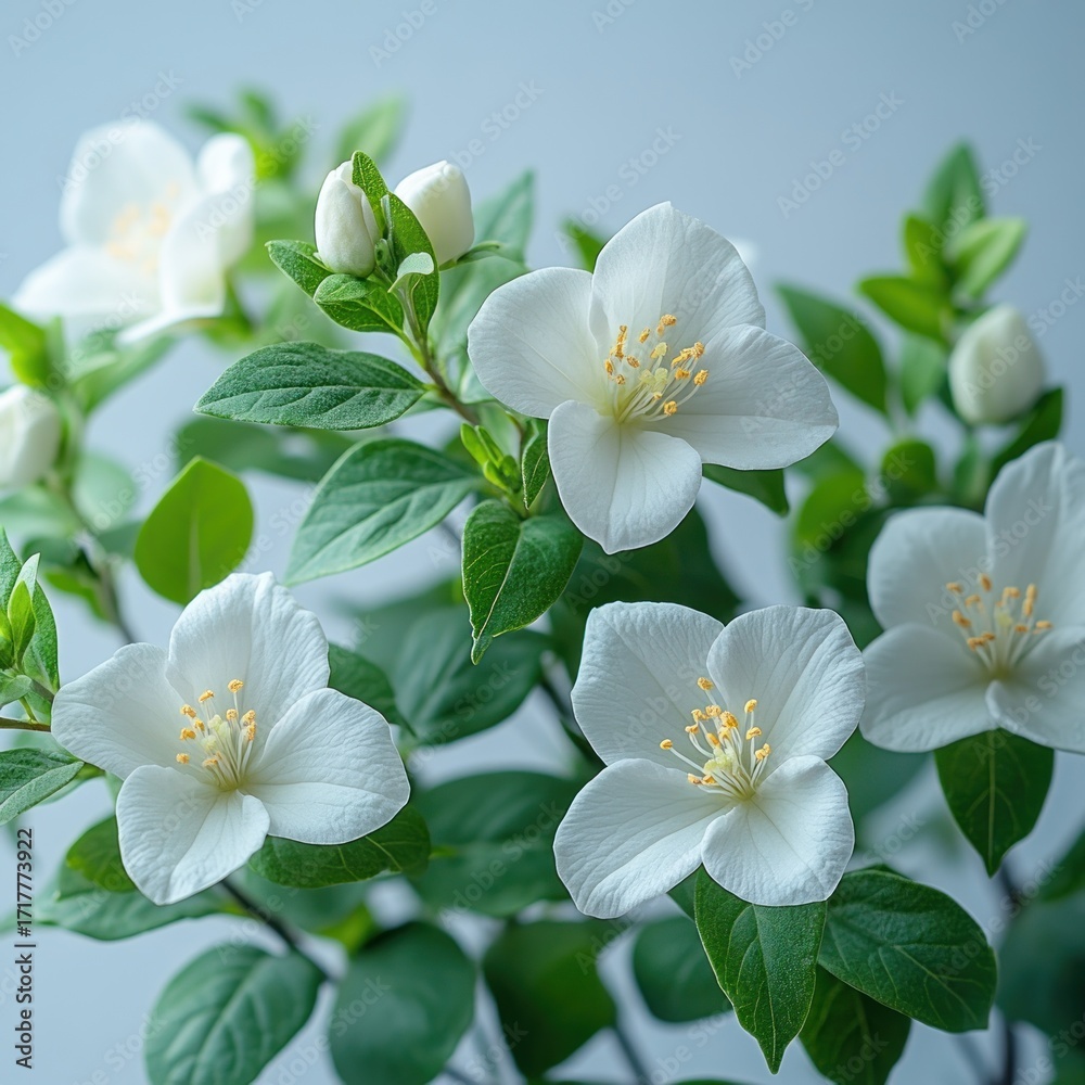 Obraz premium Delicate white blossoms open up in spring, surrounded by vibrant green leaves and buds