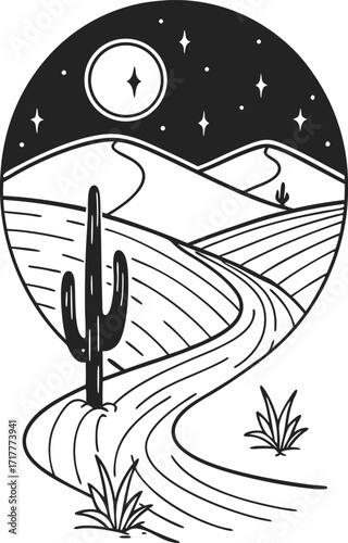 Serene desert landscape with winding road leading to starry night sky, evocative and captivating for travel, adventure, and western themes, originally vector
