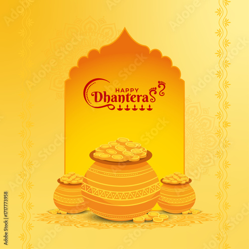 Happy Dhanteras Golden Pot with Coins and Decorative Background