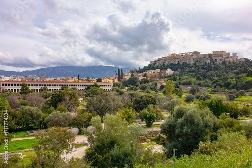 Landscape of Ancient Agora and Acropolis with Parthenon in Athens, Greece
