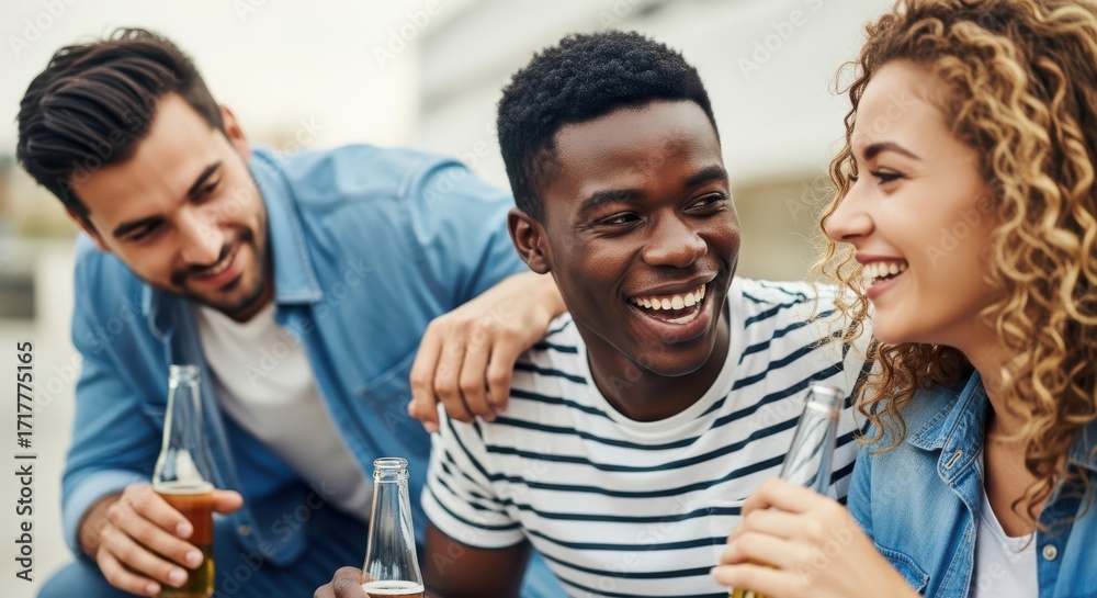 Obraz premium Three friends enjoy a casual outdoor gathering with drinks
