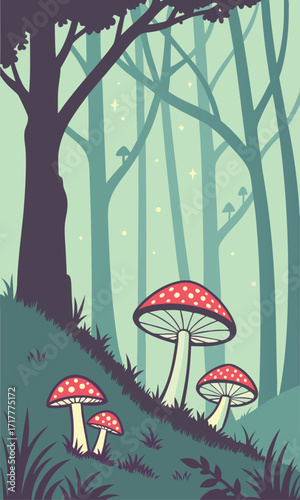 Enchanting mushroom forest illustration with whimsical charm, perfect for fantasy stories, nature lovers, and magical designs, originally scalable vector art