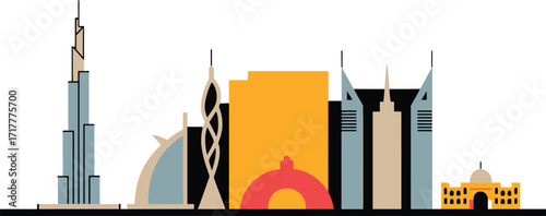 Dubai Skyline Silhouette Vector Illustration with Famous Landmarks and Modern Architecture Design Style