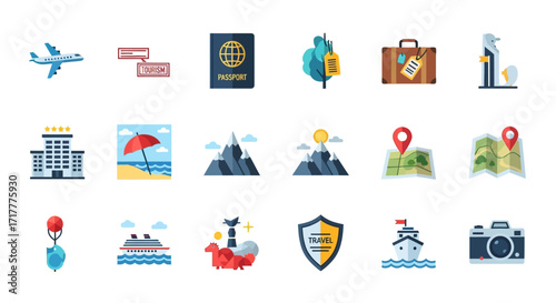A collection of colorful flat design icons representing various aspects of travel, tourism, and vacation planning.