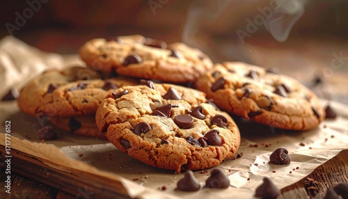 Pile of Freshly Baked Chocolate Chip Cookies on Parchment Paper with Steam Rising and Warm Lighting