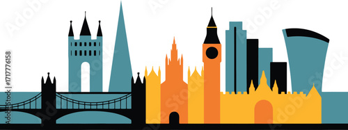 London England Skyline Silhouette with Tower Bridge and Iconic Buildings Vector Illustration