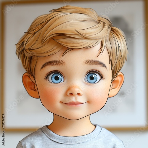 A young boy with blonde hair and blue eyes shows a joyful smile, radiating happiness