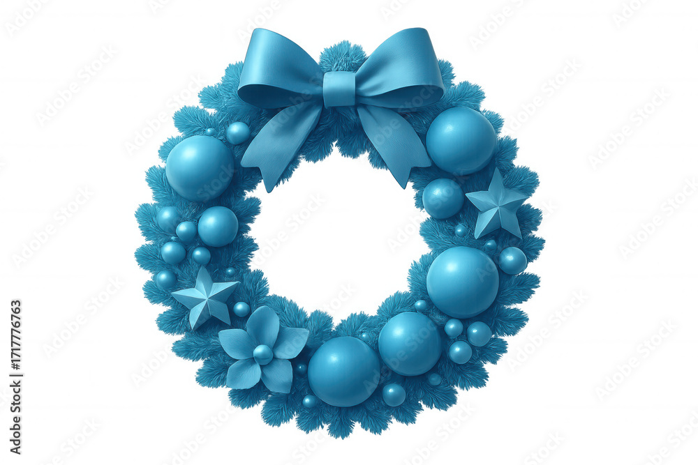 Obraz premium Blue christmas wreath featuring festive decorations, baubles, stars, and a large bow, creating a joyful holiday atmosphere