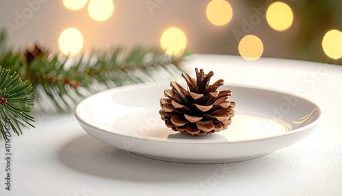 Pine Cone on White Plate with Bokeh Lights and Green Sprig Christmas Table