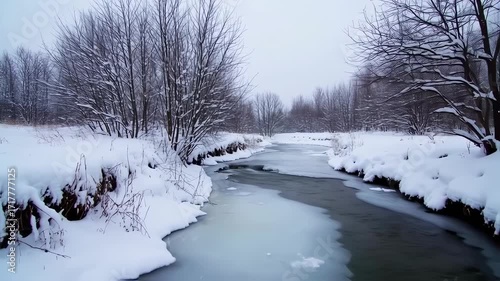 Winter scene of a frozen stream winding through snowy woods