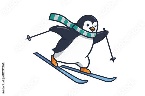 Cute cartoon penguin skiing with a striped scarf on a white background