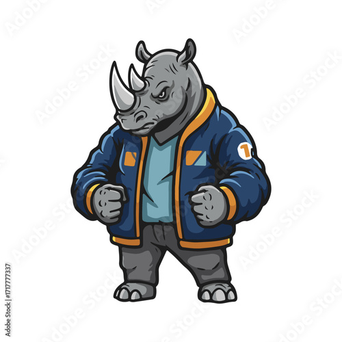 Grumpy Rhino Mascot in Sports Jacket