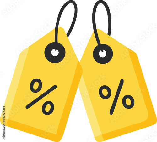 Two bright yellow discount tags featuring percentage symbols for sales and promotions vector