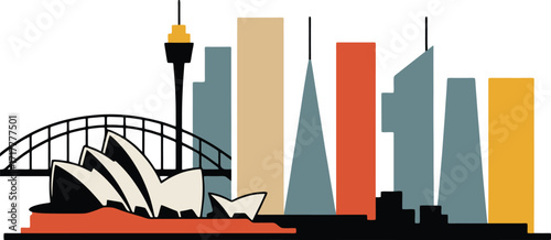Sydney Skyline Silhouette Vector Illustration with Opera House and Harbour Bridge