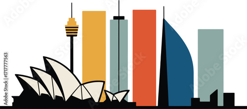 Sydney Skyline Silhouette Vector Illustration with Opera House and Tower in Modern Flat Design Style