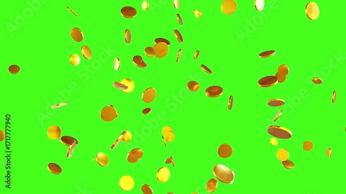 Gold coins exploding isolated on green screen 3d, coin rain with alpha channel. Falling Treasure looping coin pattern. Business and currency Concept gold coin spinning in the air overlay animation.
