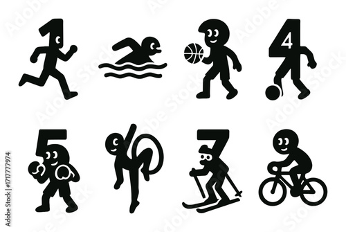 Silhouette stick figures engaging in various sports activities
