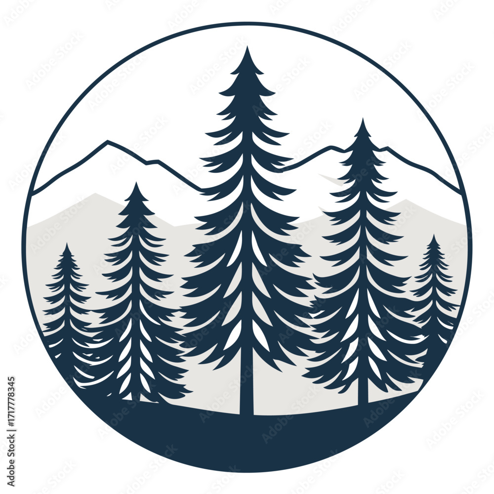 Obraz premium Monochrome Mountainscape Forest Emblem Serene Outdoor Adventure and Wilderness Graphic Design with Moody Evergreen Trees
