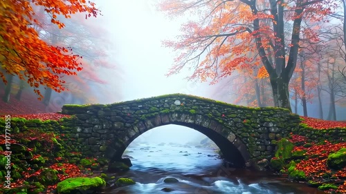 Autumnal stone bridge over a misty stream in a forest