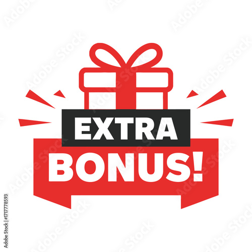 Red gift box with ribbon and text extra bonus announcement for promotions and sales