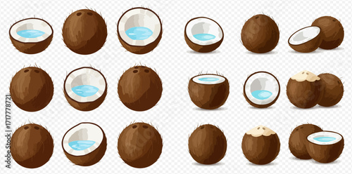 A collection of whole, halved, and peeled coconuts with water inside, arranged on a transparent background.