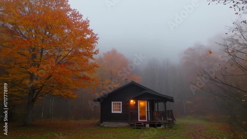 Autumn Cabin in Fog