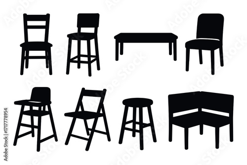 Silhouette of various chairs and table against gradient background