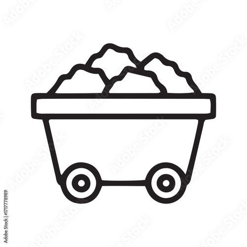 Mine cart with coal line icon, mining trolley vector symbol. Simple outline for industrial resource extraction and energy.
