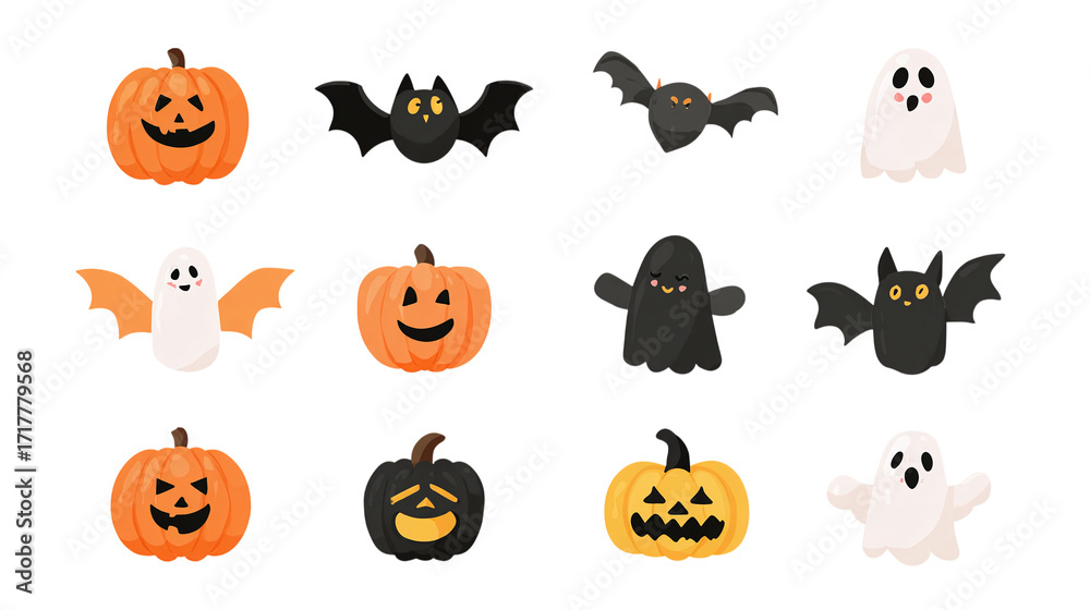 Fototapeta premium Flat spooky Halloween icon set with pumpkins, bats, and ghosts, isolated on transparent background 