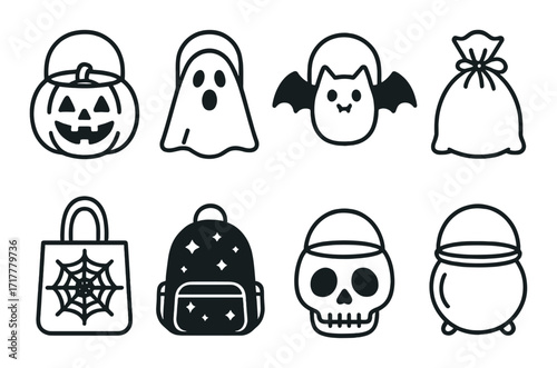 Halloween icons: pumpkin, ghost, bat, and more in black and white style