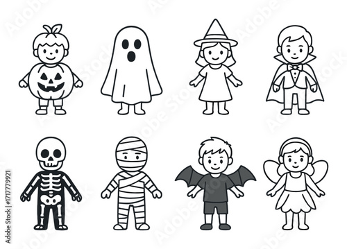 Halloween costume kids: ghost, witch, vampire, mummy, bat, fairy, skeleton, pumpkin