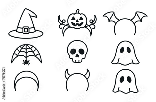 Halloween silhouette icons: witch hat, pumpkin, skull, ghost, spider web, bat wings