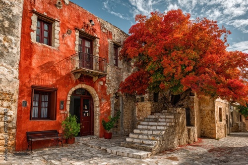 Fototapeta Naklejka Na Ścianę i Meble -  Charming Autumn Streets of Archanes: Historical Homes and Trees Under a Vibrant Sky in Crete, Greece