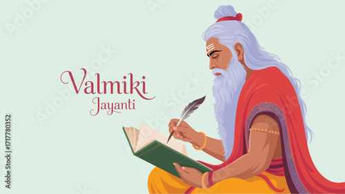 Valmiki Jayanti illustration of sage Valmiki writing with quill in open book, seated in red and yellow attire on light green background